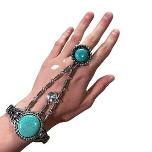 Boho Faux Turquoise‎ Silver Tone Slave Bracelet Hand Chain Ring Western Festival